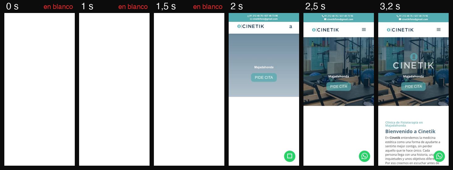 Fotogramas de la carga de la web de Cinetik Fisioterapia en un móvil, segundo a segundo